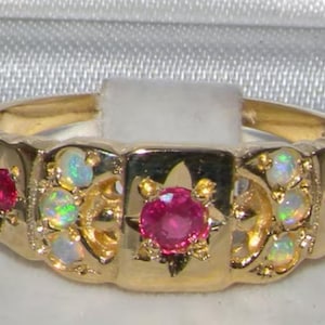 9K Gold Ruby Opal Ring: Vintage Star Moon Celestial Band