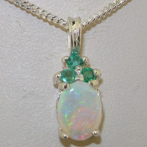 Solid 925 Sterling Silver Natural Australian Opal and Emerald Dainty Pendant and Necklace - Made in England - can be customised