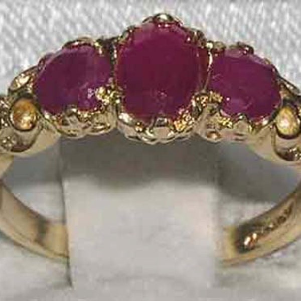 Solid 18K or 14K Yellow Gold Natural Ruby Trilogy Ring | Victorian Inspired Antique Design | Gold Trilogy Ring