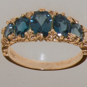 9k Rose Gold Natural London Blue Topaz Ring, 5 Stones Eternity Band Ring - Customizable Platinum,9K,10K,14K,18K Yellow, Rose or White Gold