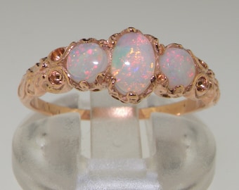 9K Rose Gold Colorful Opal Vintage Style Ring, English Victorian Eternity Band, 3 Stone Trilogy Promise Ring - Customize:14K,18K Gold