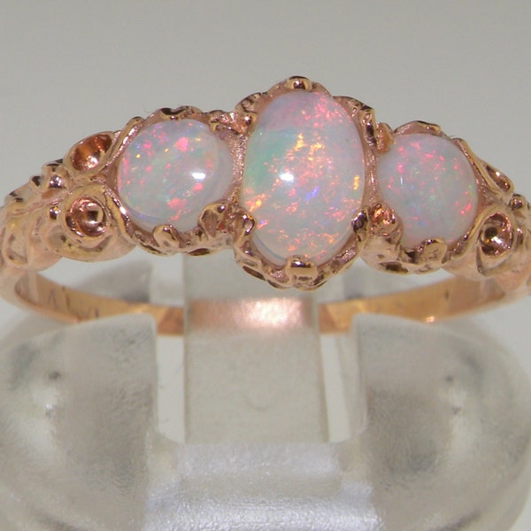 9K Rose Gold Colorful Opal Vintage Style Ring, English Victorian Eternity Band, 3 Stone Trilogy Promise Ring - Customize:14K,18K Gold