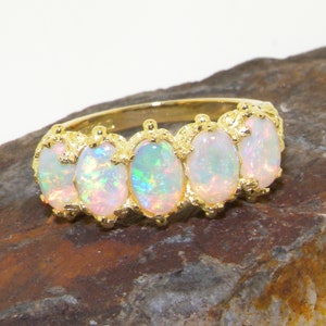 Yellow Gold Natural Australian Opal Victorian Inspired Ring | Oval Cut Australian Opals | Five Stone Ring | Choose your carat