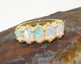 Yellow Gold Natural Australian Opal Victorian Inspired Ring | Oval Cut Australian Opals | Five Stone Ring | Choose your carat