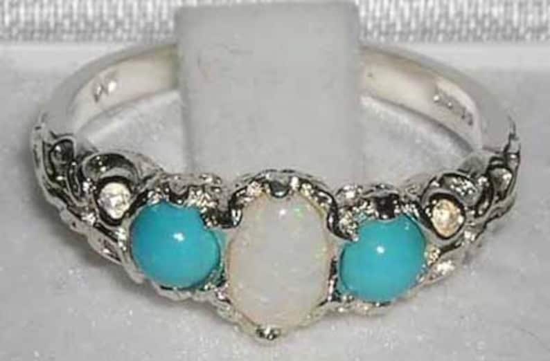 M and T UK I Sterling Silver Natural Opal /& Turquoise Victorian Trilogy Ring Four Available in sizes US 4 6 and 9.5 Sample Sale