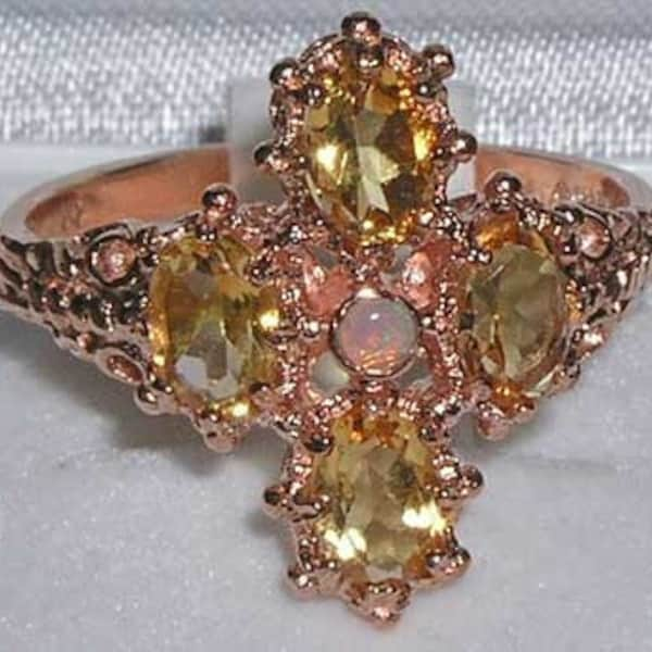 9K 375 English Rose Gold Natural Opal & Citrine Ring, Rhombus Ring, Unique Antique Style Square Cluster Ring - Customize:14K,18K Gold