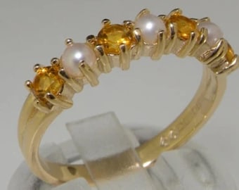 Impresionante anillo de eternidad clásico de oro amarillo con perla y citrino / Anillo de oro de media eternidad / Anillo de eternidad de siete piedras / Seleccione su elección de quilates de oro