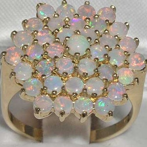 Huge 9K Yellow Gold Natural Colorful Opal Anniversary Ring, Cluster Flower Ring, English Classic Vintage Style Cocktail Ring - Customizable