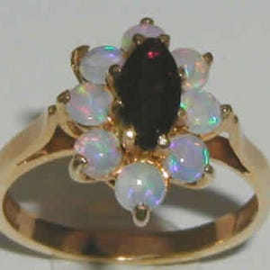 14K English Yellow Gold Marquise Natural Garnet & Colorful Opal Cluster Flower Anniversary Ring - January, October Birthstone -Customizable