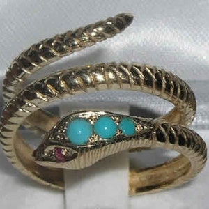 Fabulous Solid 9K Gold Natural Turquoise & Ruby Detailed Snake Ring - Choose from Yellow, Rose or White Gold.