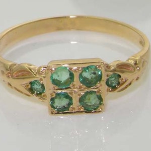 Dainty 9K 375 Yellow Gold Natural Emerald Cluster Square Ring, 6 Stone Emerald Ring, English Antique Victorian Vintage Style Ring