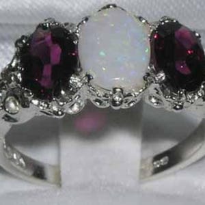 9K White Gold Natural Colorful Opal & Rhodolite Garnet English Antique Style Carved Ring, Prong Setting 3 Stone Trilogy Ring