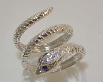 Solid English 925 Sterling Silver Natural Amethyst & Diamond Snake Band Wrap Ring - Supplied in Your Finger Size