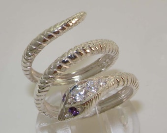 Solid Englisch 925 Sterling Silber Natürlich Amethyst & Diamant Schlange Band Wickelring - Geliefert in Ihrer Finger Größe