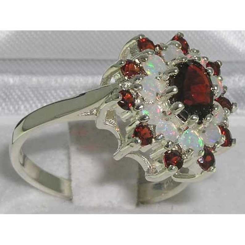 English Vintage Design Ring Customizable Solid 925 Sterling Silver Natural Garnet /& Colorful Opal Large 3 Tier Cluster Flower Ring