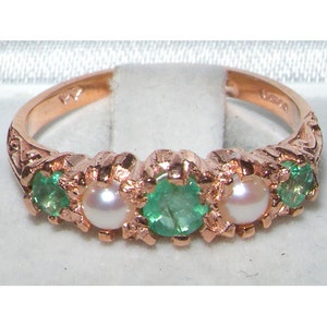 Natural Emerald & Freshwater Pearl 14K Rose Gold Half Eternity Engagement, Vintage Style 5 Stone Wedding Ring -Made in England-Customizable