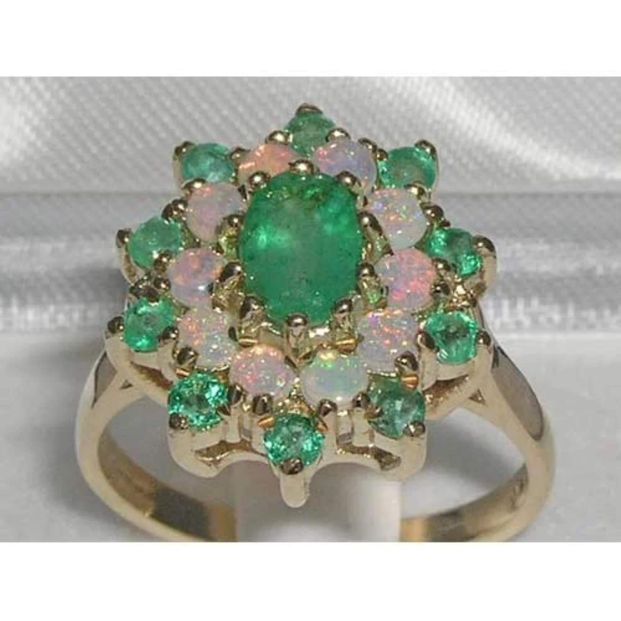 English 9K Yellow Gold Natural Emerald & Colorful Opal Cluster Flower Ring - Made in England -Customize: 9K,14K,18K,Yellow,Rose,White