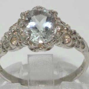 Solid 14K White Gold Natural Aquamarine Solitaire Victorian Style Engagement Ring, March Birthstone -Customize:9K,18K Gold