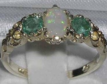 Solid 925 Sterling Silver Natural Colorful Opal & Emerald Trilogy Carved 3 Stone Vintage Style Ring