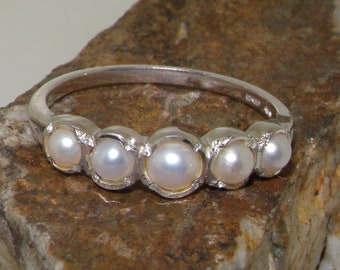 Sterling Silver Natural Freshwater Pearl Half Eternity Ring | 5 Stone Anniversary Ring | Silver Pearl Ring | British Made