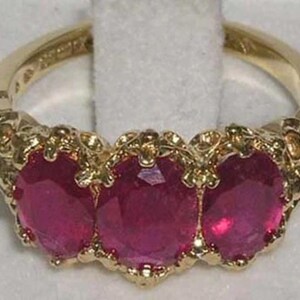 Yellow Gold Natural Ruby  Victorian Style Carved Trilogy Ring - Made in England -Customizable