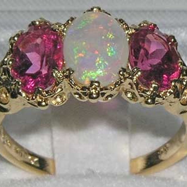 9K Yellow Gold Natural Opal & Pink Tourmaline 3 Stone Trilogy Ring, Victorian Style Ring - Made in England - Customizable