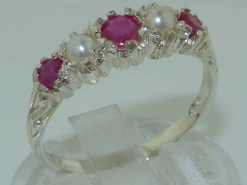 English Natural Ruby & Pearl 9K White Gold Vintage Style Half Eterntiy Band, 5 Stone Classic Carved Ring - Customize:9K,14K,18K Gold
