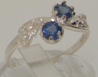 Elegant 925 Sterling Silver Natural Light Blue Sapphire & Pearl Dainty Floral Cluster Pave Ring, Swirl Ring - Made in England -Customizable