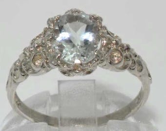 English Natural 1ct Aquamarine Engagement Ring, 9K White Gold Solitaire Victorian Style Ring, March Birthstone - Customize:9K,14K,18K Gold