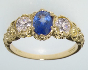 14K Yellow Gold Natural Blue Sapphire and Diamond Victorian Inspired Trilogy Ring - Made in England - Customize:9K,14K,18K, Platinum