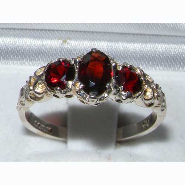 Solid 925 Sterling Silver 3 Natural Garnet Vintage Style Ring, English Antique Design Carved Ring, Trilogy Band,  Ring - Customizable