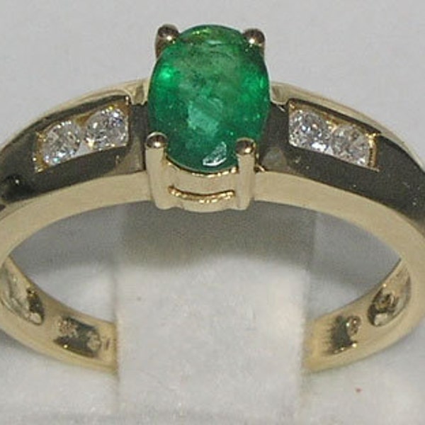 18K Yellow Gold Natural Precious Emerald with Diamond Engagement Ring, Solitaire Style Wedding Ring - Made in England - Customize:9K,14K