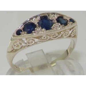 Massief 925 sterlingzilver donkerblauwe saffier Engelse Victoriaanse antieke stijl roldeco-ring - aanpasbaar