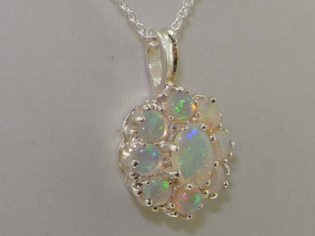 Opal Pendant, Solid 925 Sterling Silver Natural Australian Opal Cluster ...