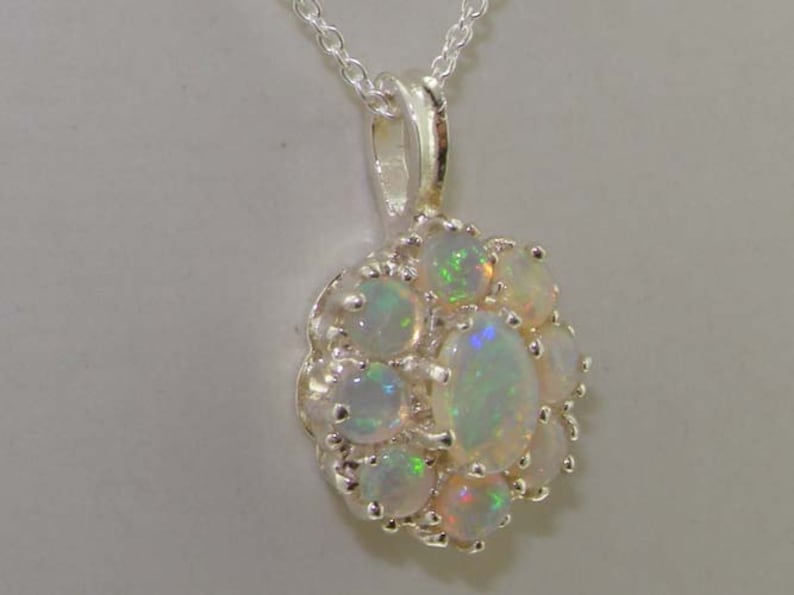 Opal Pendant, Solid 925 Sterling Silver Natural Australian Opal Cluster Flower Pendant Necklace Made in England image 1