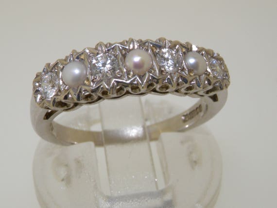 Elegant 9K White Gold Pearl Diamond Eternity Ring Engagement