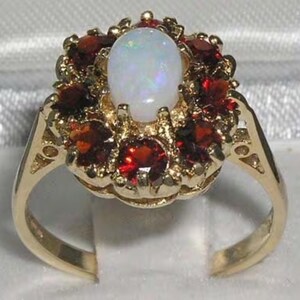 Solid 14K Yellow Gold Colorful Opal & Garnet Cluster Flower Ring, English Antique Style Floral Ring - Made in England- Customize:9K,18K