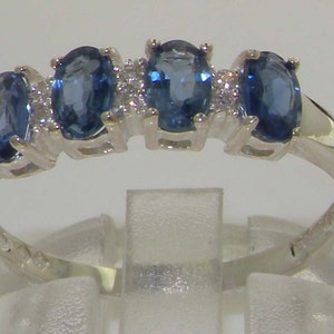 Contemporary Natural 4 Blue Sapphire with 6 Precious Diamond Solid English 925 Sterling Silver Promise Ring - Customizable