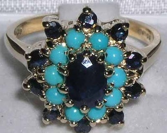 18K Yellow Gold Natural Blue Sapphire & Turquoise Tier Cluster Flower Tiered Ring