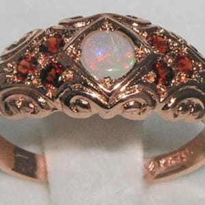 English 9K Rose Gold Natural Opal and Garnet Victorian Unique Anniversary Band Ring - Made in England - Customize:14K,18K Gold