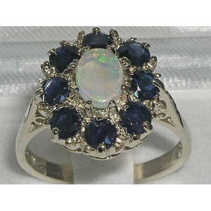 Sample SALE! Size 11 (UK W) Natural Fiery Opal & Dark Blue Sapphire 925 Sterling Silver Cluster Flower Ring, Antique Style Floral Ring