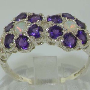 Pretty Double Daisy Ring, 925 Sterling Silver Colorful Opal & Amethyst Ring, Victorian Style Scroll Carved Two Flower Ring - Customizable