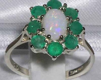 14K White Gold Emerald and Australian Opal Cluster Flower Promise Ring - Customize:9K,14K,18K,Yellow,Rose,White