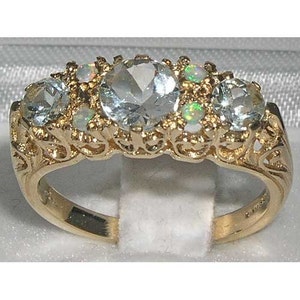 9K Yellow Gold Natural Aquamarine & Opal Ring | Victorian Inspired Heritage Ring | Gold Aquamarine Ring | Gold Opal Ring