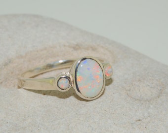 18k White Gold Natural Opal & Diamond Womens Trilogy Ring - Customizable 9K,10K,14K,18K Yellow, Rose or White Gold or Platinum