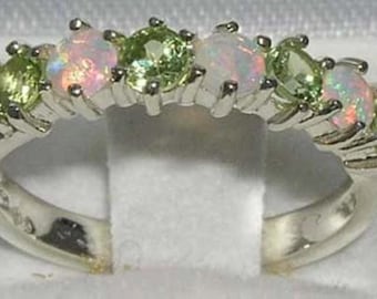 English 925 Sterling Silver Natural Colourful Opal & Peridot Half Eternity Band, 7 Stone  Ring - Customize;9K,14K,18K