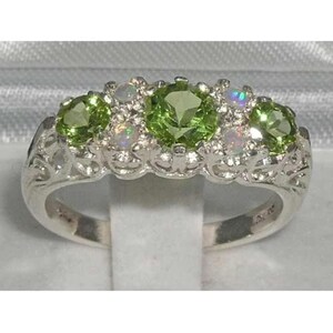 925 Solid Sterling Silver Natural Peridot 3 Stone & Opal 4 Stone Victorian Trilogy Style Filigree Ring - Made in England - Customizable