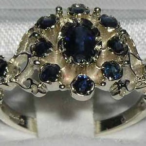 Solid 925 Sterling Silver Natural Dark Blue Sapphire Rosette Flower Cluster Pave Ring - English Antique Style - Customizable