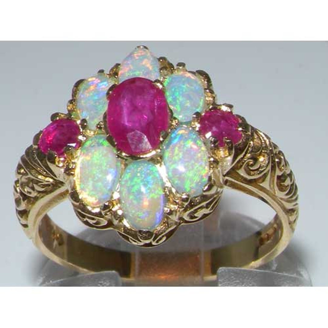 Solid English 375 9K Yellow Gold Natural Ruby & Colorful Opal - Etsy