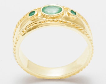 9k Yellow Gold Natural Emerald womens Trilogy Band Ring - Customizable 9K,10K,14K,18K, Yellow, Rose or White Gold or Platinum